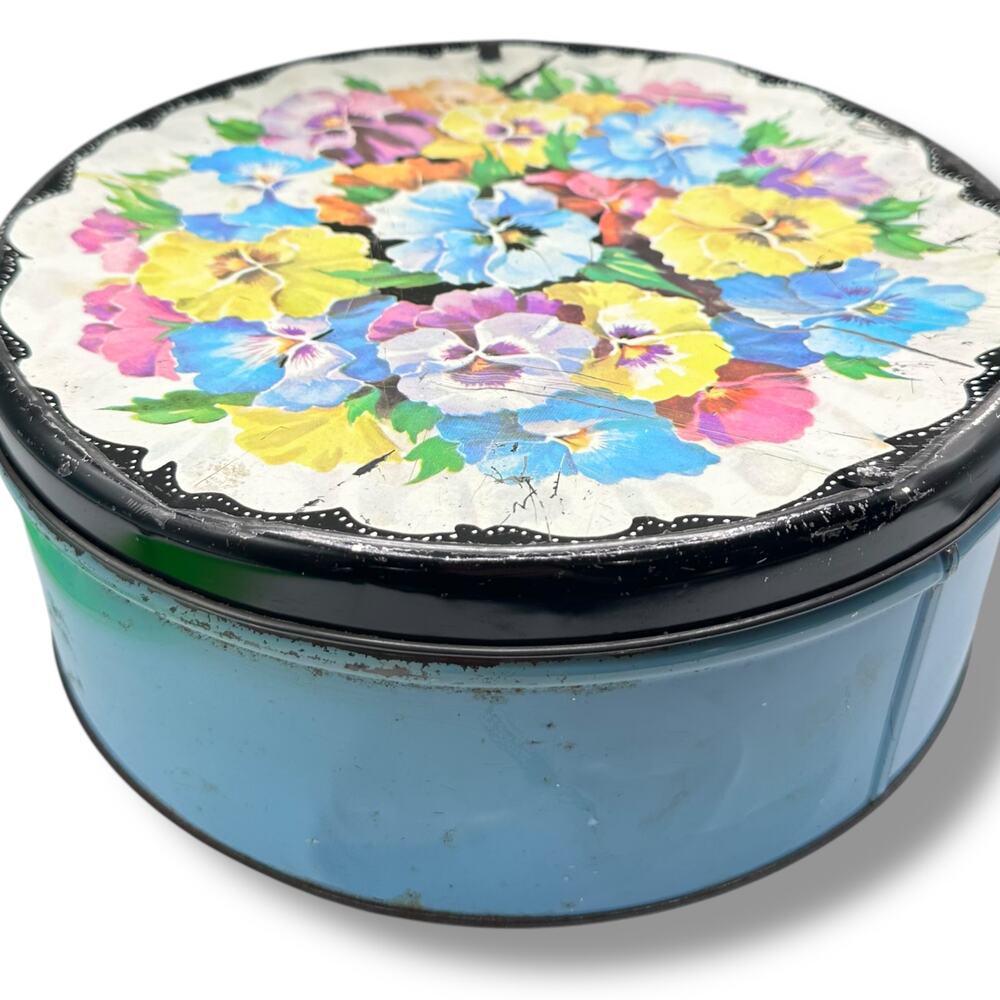 Vintage round cookie candy tin - sweet pansy florals 1950s 1960s